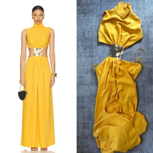 £982 Alexis Metal Plate Embellished Prague Yellow Gold Long Dress / Gown S