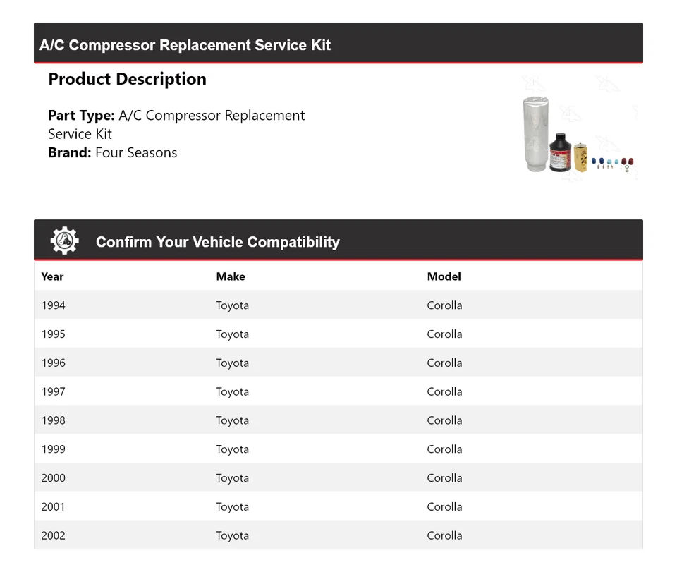 Kit de servicio de reemplazo de compresor de aire acondicionado Toyota Corolla 1994-2002 4 estaciones Foto 2 de 4