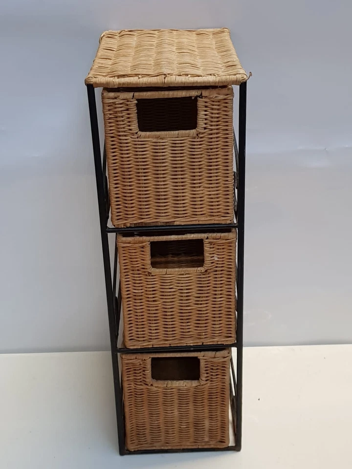 Vintage 3 Wicker Drawers in Black Metal Stand – Sturdy 3-Drawer Storage Unit - Image 2 of 4