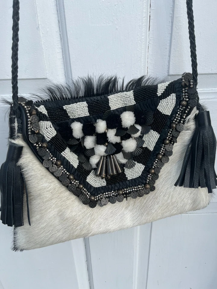 Vintage Anthropologie ibBAN Handmade Calf Hair Leather Beaded Flap Crossbody Bag - Image 2 of 4