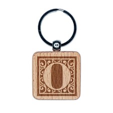 Monogram Swirls Capital Letter O Engraved Wood Square Keychain Tag Charm