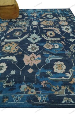 Blue, Camel and Ivory Traditional Oriental Oushak Wool Area Rug 4x6, 5x8, 8x10 .