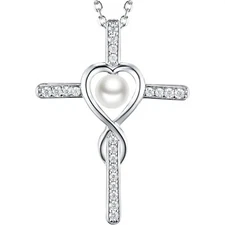Infinity Heart Cross Necklace with Pearl – Silver Christian Jewelry