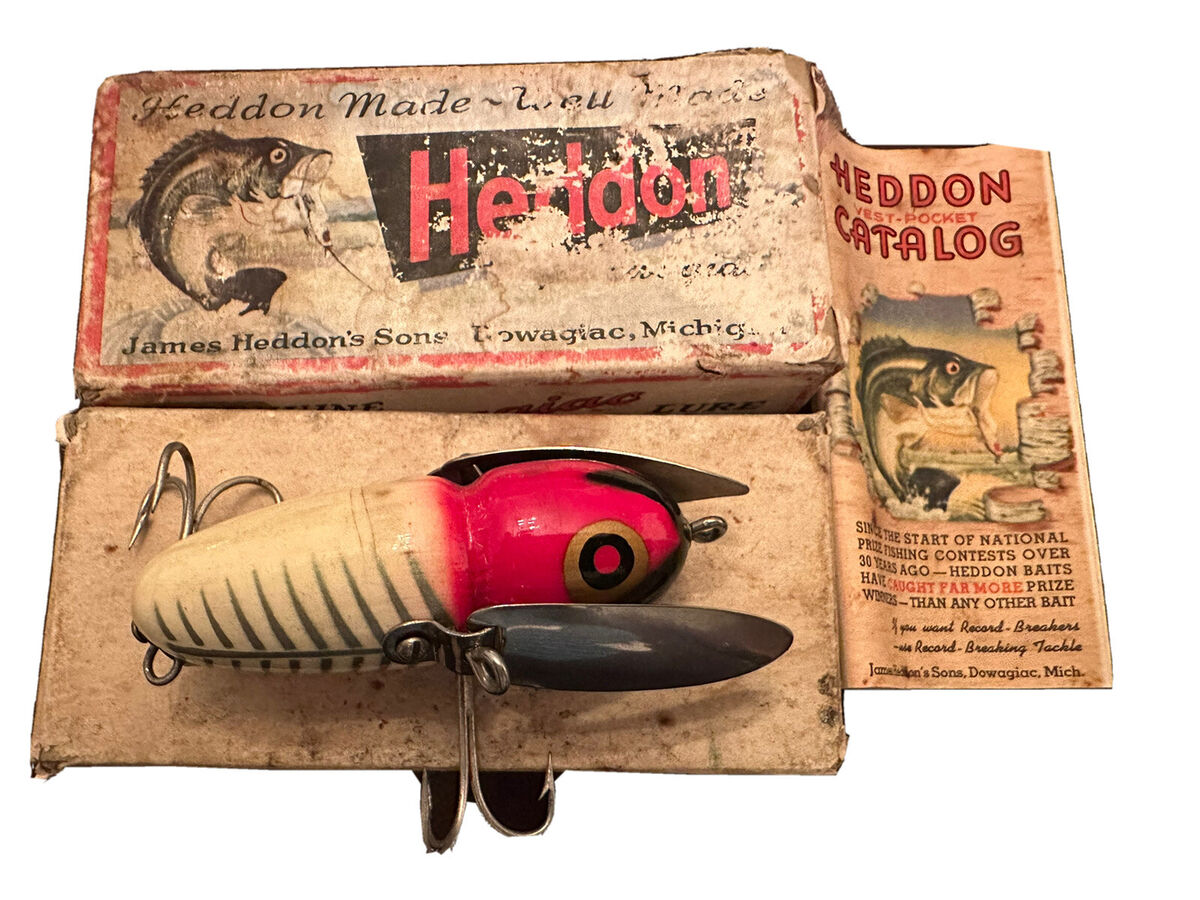 VINTAGE FISHING LURE - HEDDON WOOD CRAZY CRAWLER RED & WHITE WITH BOX/MANUAL