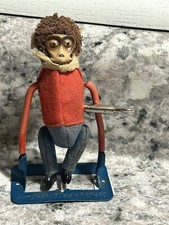 SCHUCO Wind-up Monkey Acrobat Turn Flocked Antique Germany Toy W/ Key Very Rare 