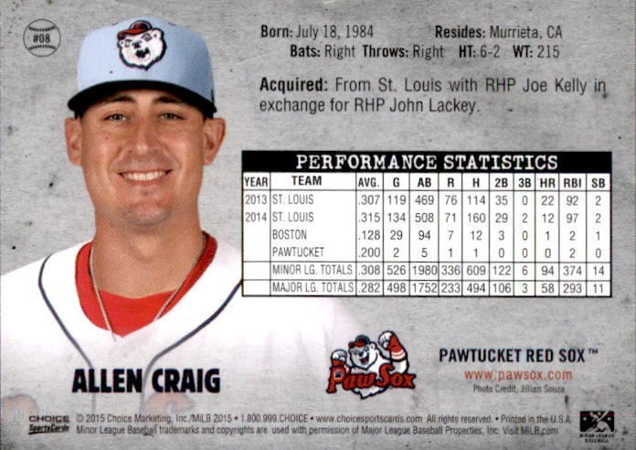 2015 Pawtucket Red Sox Choice 8 Allen Craig Murrieta California CA Baseball Card - Image 2 of 2