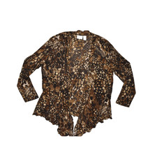 CHICO'S Size 2 Women's Brown Animal Print Open Front Cardigan Top Sheer Mesh