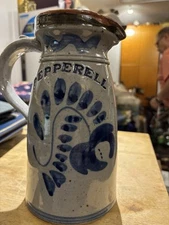 Pepperell, , Mass Pottery Salt Glaze Pitcher Signed Harvey