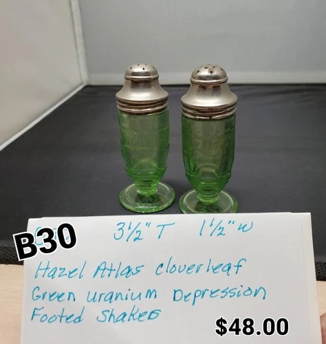 Hazel Atlas Depression Glass Green Cloverleaf Salt And Pepper Shakers.