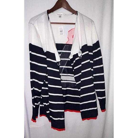 Tantrums Nautical Anchor Cardigan Sweater Women's XL Striped Open Front Knit
