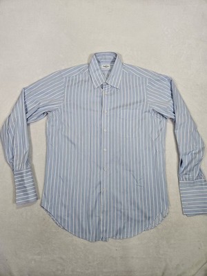 Ascot Chang Men's Shirt Size (L) Blue Custom Made in Hong Kong Vtg French Cuffs
