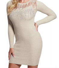 NP 129€ GUESS Damen enges Strick Kleid Gr. L kurz mini slim fit ecru mit Steinen