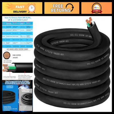 6/3 6 Gauge SOOW Portable Power Cable - 3 Conductor, 600V, 50A, 25ft - Ideal for