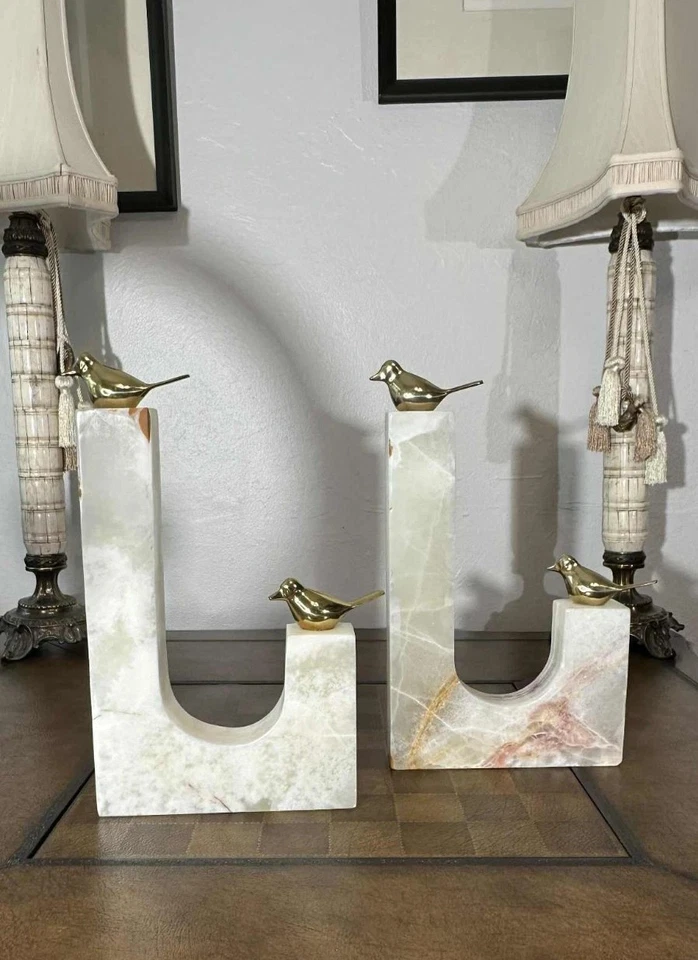 Sujetalibros de mármol blanco con pájaros de latón - Juego de 2 Foto 3 de 4