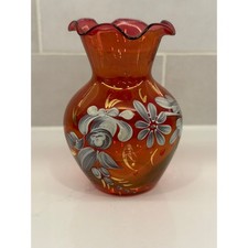VTG Iridescent Cranberry Hand Painted Ruffled Rim Bud Vase