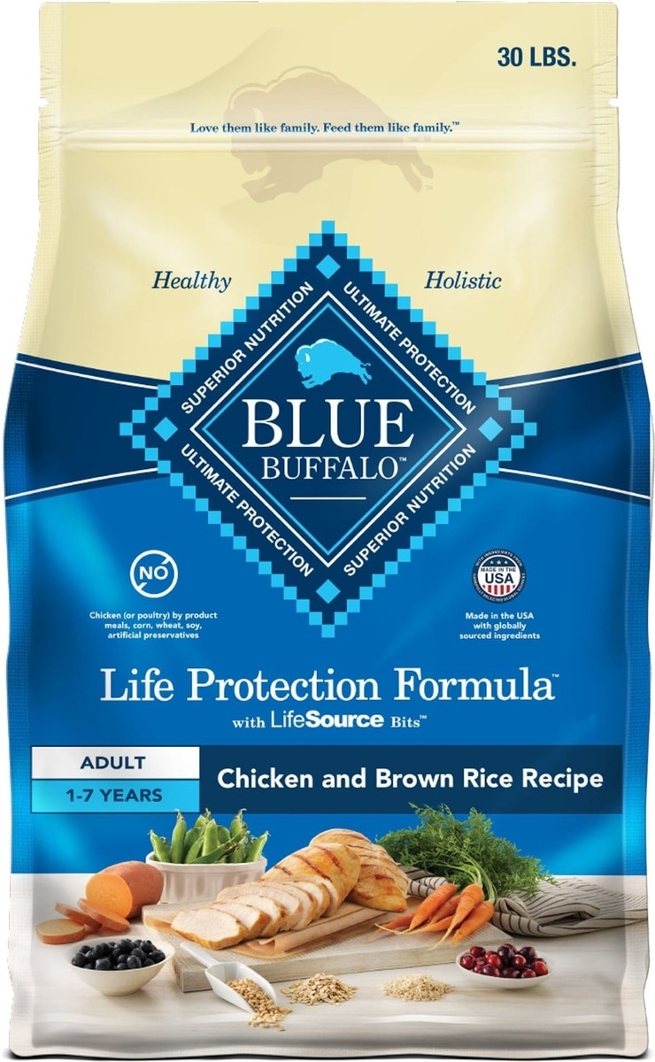 Blue Buffalo Life Adult Chicken & Brown Rice  Dog Food, 30-lb bag Free Shipping