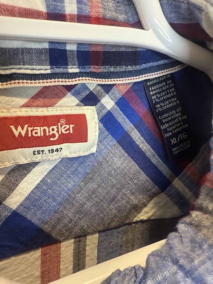 Camisa Wrangler Para Hombres XL Manga Larga A Presión Perla Botón Blanco Azul Rojo Cuadros Foto 2 de 3