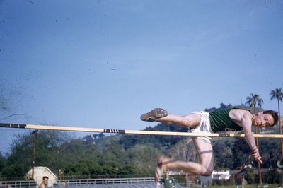 Kodak Slide 1950s Red Border Kodachrome Track and Field High Jump Man Jumping