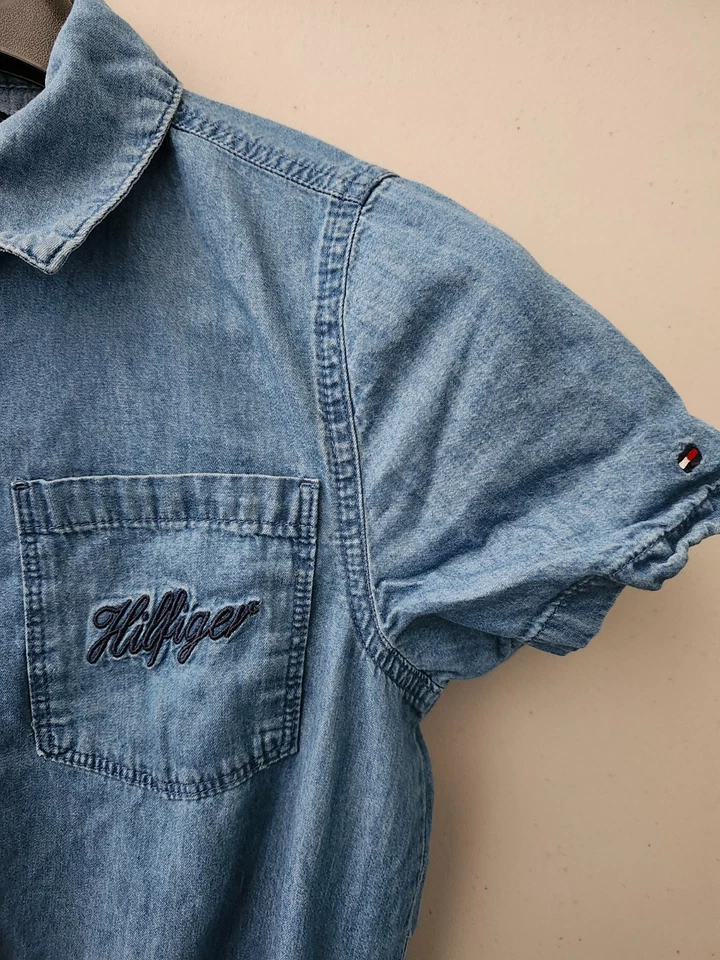 Vestido Tommy Hilfiger Niñas XL Azul Manga Corta Acampanado Nivel Denim Cuello Algodón Foto 4 de 4