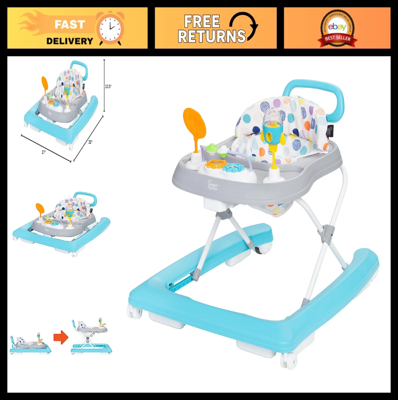 2-in-1 Activity Walker with Removable Toys, Adjustable Height, Flat Fold Frame,
