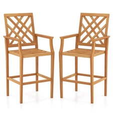 2PCS Patio Teak Wood Bar Stool w/ Ergonomic Backrest Armrests & Footrest Outdoor