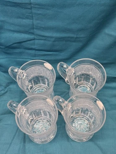 4 Vintage Crystal Clear Athens Glass Coffee Mugs Frosted Acanthus Leaf