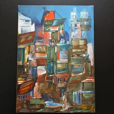 Trevor Lawrence Abstract Cityscape Palette Painting Vintage 1980