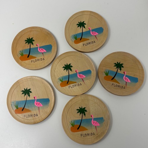 Vintage Set of Six Wooden Coasters & Holder Florida Hand Painted Flamingo Japan - Picture 3 of 7