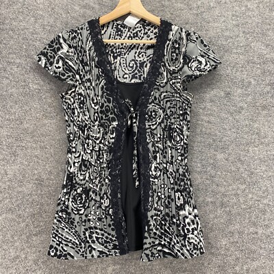 Fred David Top Women S  Gray Paisley Short Sleeve Stretch Lined Casual