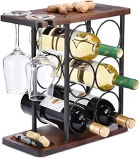 Wine Rack with Glass Holder, Countertop Wine Rack, Wooden Wine Holder with Tray,