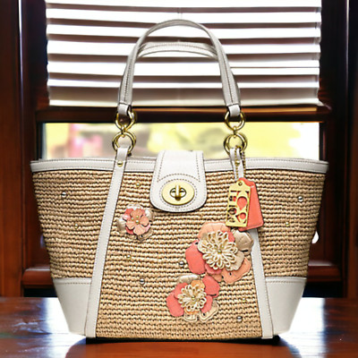 NWT Coach 19347 Hamptons Straw Applique Tote Bag Floral RARE