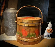 Antique Wood Wooden Firkin Sugar Bucket Orange Red Poppy Flowers Fall Halloween