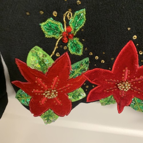 Bobbie Bell Sweater Womens Large Black Christmas Red Poinsettia Beads Sequins - Picture 4 of 10