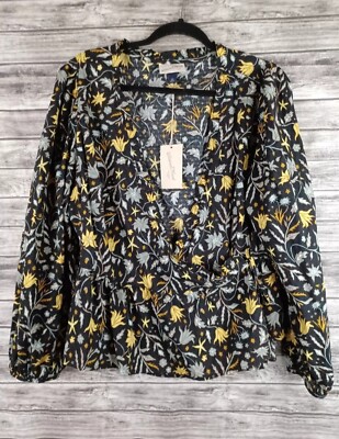 New! Universal Thread Women's  2XL Black/Yellow Floral Wrap Longsleeve Boho Top 
