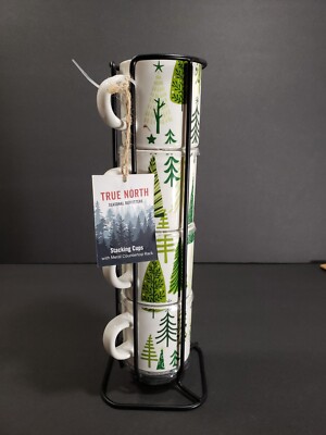 Coffee Cups W/ Wire Rack True North Stackable Winter Trees New