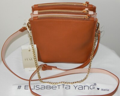 NWT Elisabetta Yang ITALY Leather Three Compartments Chain Strap Brown Purse Bag