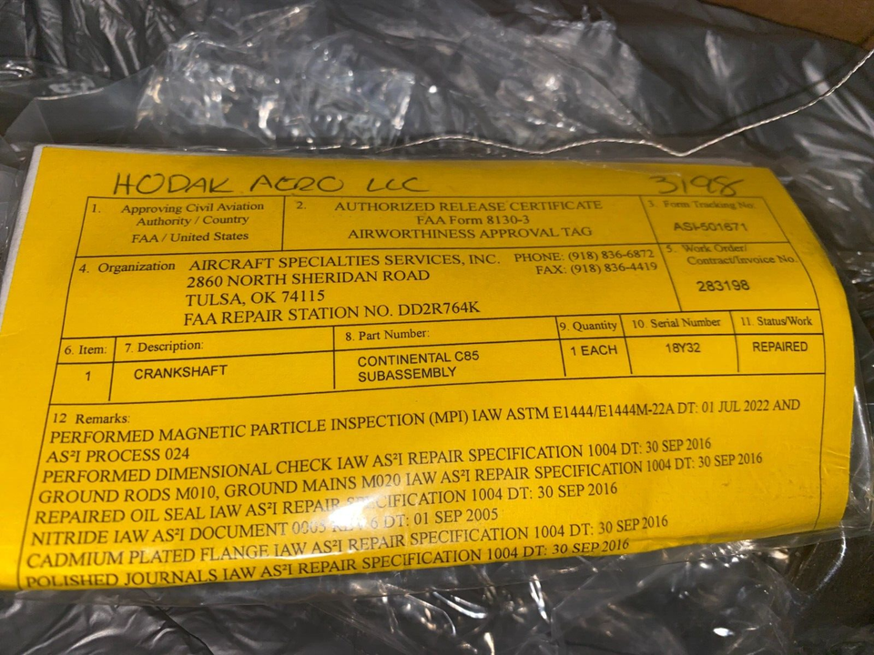 YellowTagged Tapered Continental Crankshaft A65 A75 C75 C85 530196A1