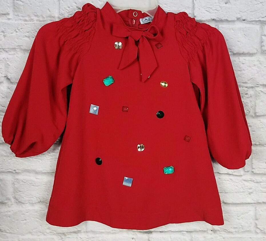 Mimisol Made in Italy Girls 3-4yr Red Embellished Tie High Neck