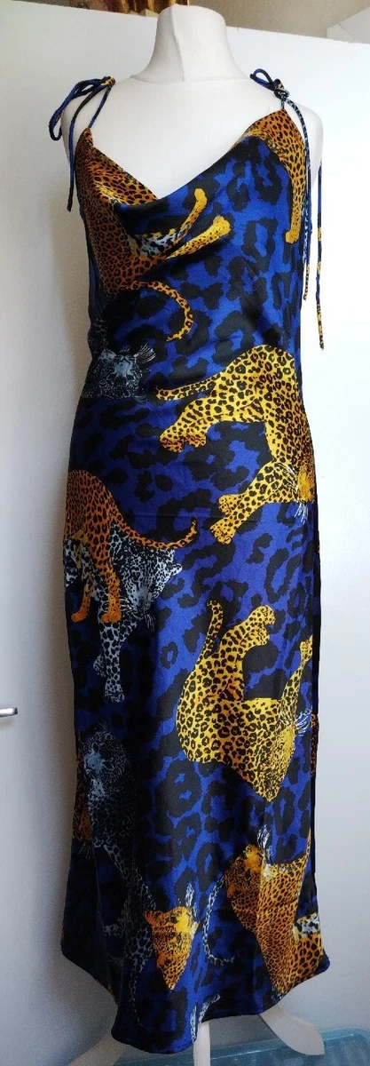 8 New Blue Orange Black Leopard Print Satin Midi Slip Dress