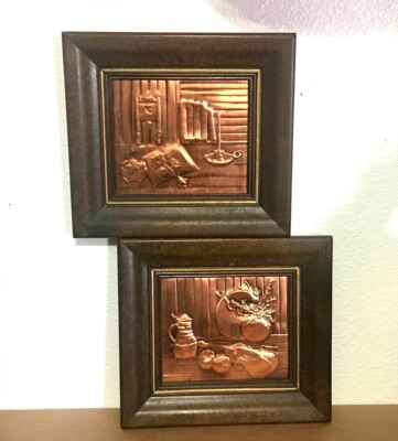 Vintage 2 brass scratch-board framed pictures