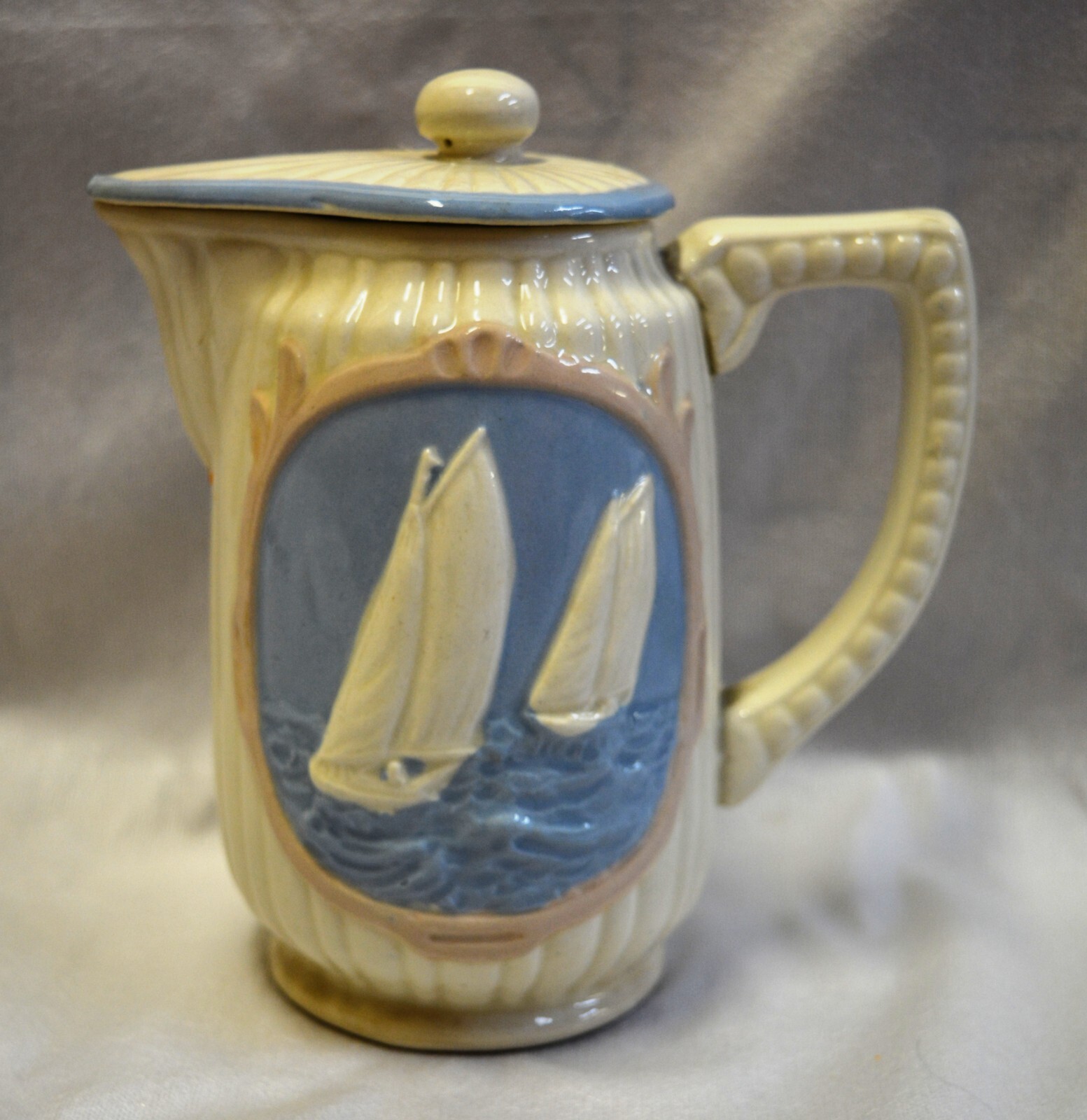 Blue and White Sailboat Coffee Tea Pot Made in Japan 5.5"