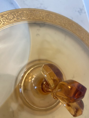 Vintage Amber & Gold Fostoria Glass Etched Fleur de Lis Sandwich Tray, No Chips - Picture 6 of 10