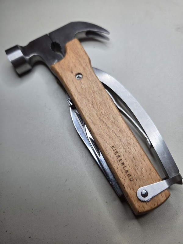 Kikkerland Hammer Multi Tool - Wooden Grips - knives, pliers, screwdriver, saw +