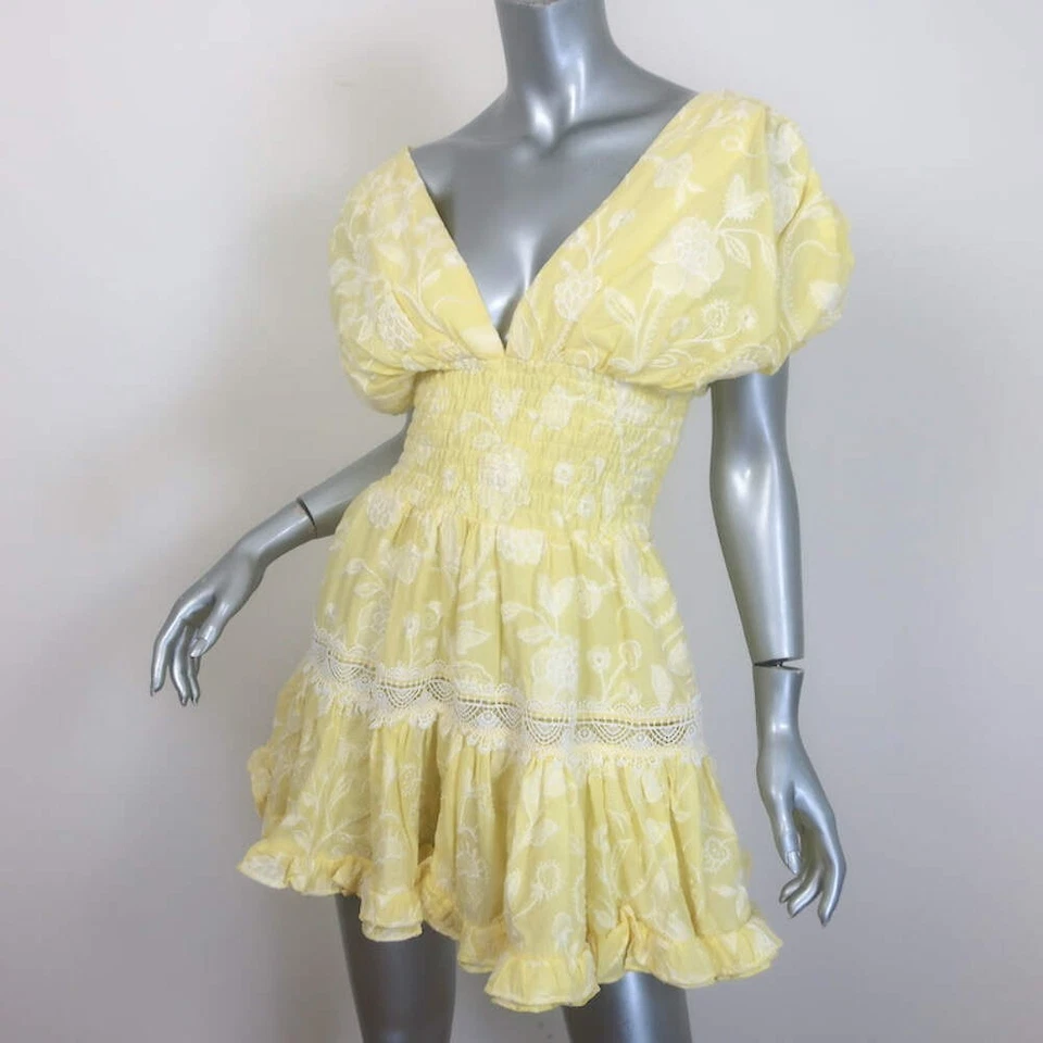 WAIMARI Paloma Smocked Embroidered Mini Dress Light Yellow Cotton Size Small - Image 3 of 4