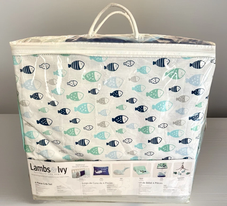 Corderos e hiedra tema océano - Juego de cuna de 4 piezas ballena/tortugas/pulpo/pez - Nuevo Foto 3 de 4