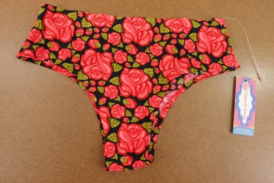 Cheek Boss Womens Size Small Black Red Roses Cheeky Panty NWT
