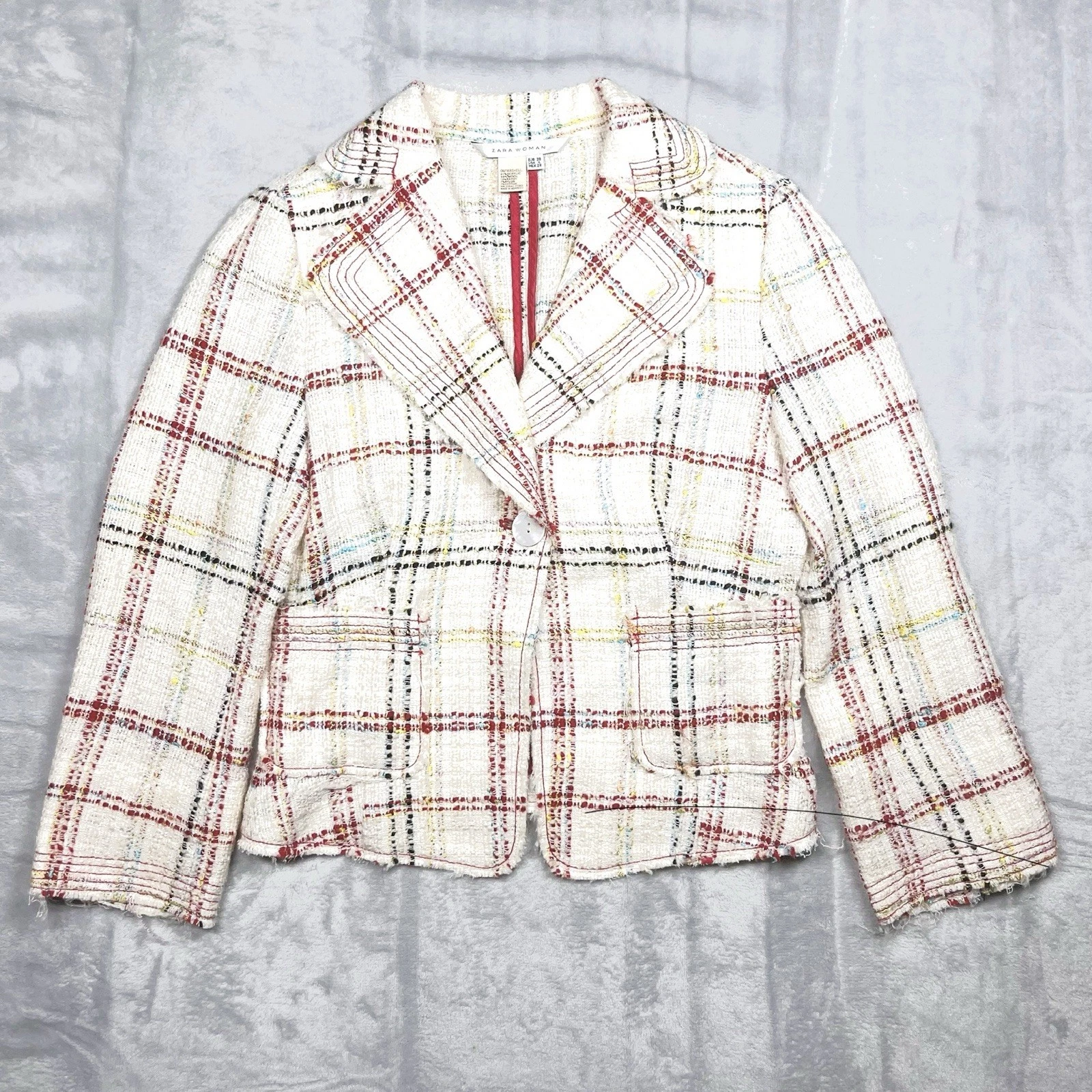 Zara Cream Red Plaid Boucle Cropped Tweed Blazer Jacket Sz 6 Deconstructed Chic