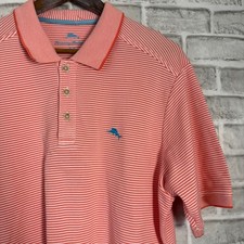Tommy Bahama Men Orange White Striped Short Sleeve Polo Shirt Marlin Logo MEDIUM