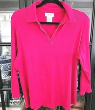 Talbots Womens XL Fuscia Pink Mini Rib V neck Polo Top