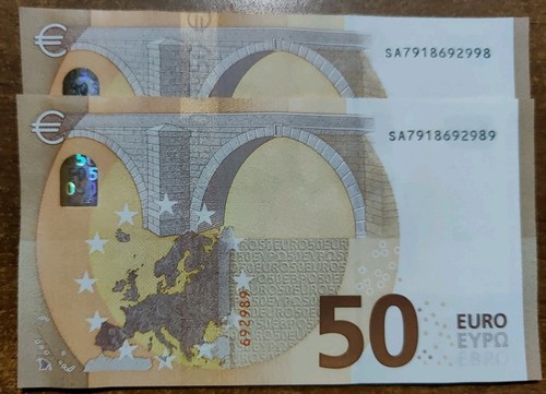 Lotto Banconote QFDS Italia 2x50 Euro Consecutive Numeri Uguali Ultimi Inversi